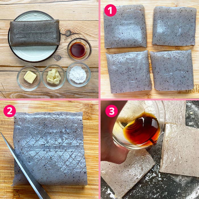 料理の作り方のステップを示す4コマの画像。