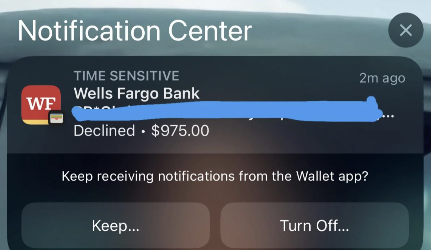 Wells Fargo Bank notification for a declined transaction of $975, with options to keep or turn off Wallet app notifications