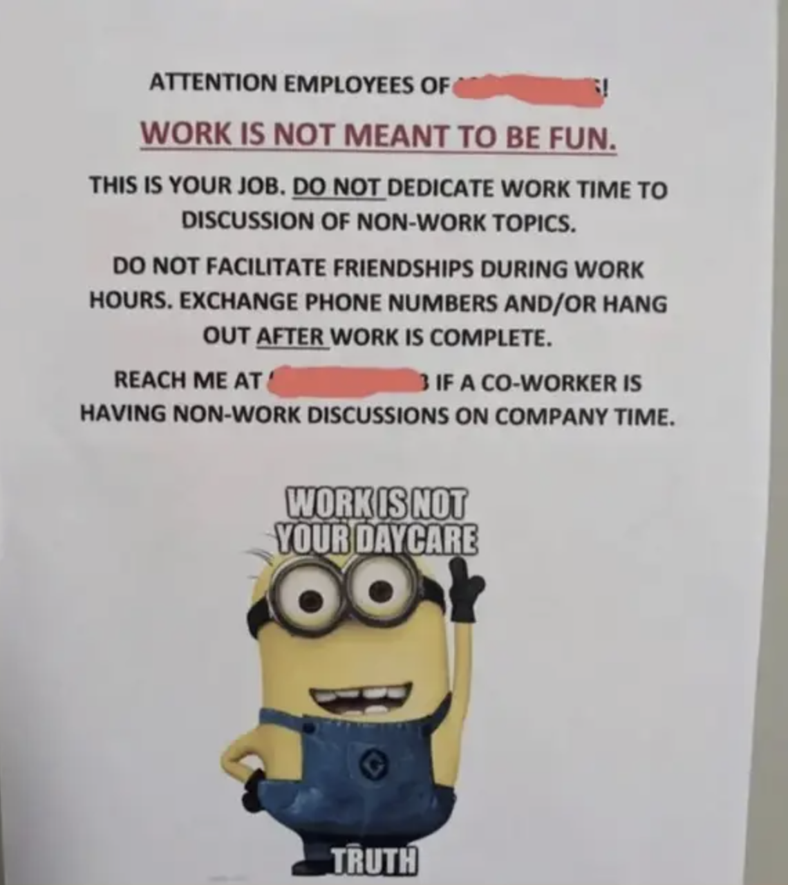 Office poster with text about not doing non-work tasks during work time, featuring a Minion from Despicable Me holding a sign that says &quot;TRUTH&quot;