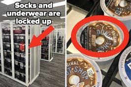 Photo of a retail store aisle with secured displays for socks and underwear, and a close-up of a locked anti-theft lid on a pint of ice cream