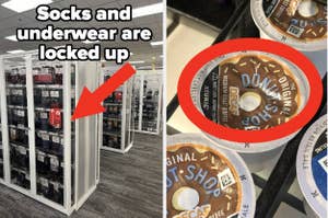 Photo of a retail store aisle with secured displays for socks and underwear, and a close-up of a locked anti-theft lid on a pint of ice cream
