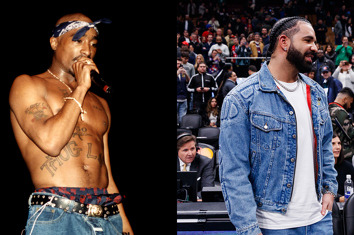 Split image: Left - 2Pac performing shirtless; Right - Drake at a sports event in denim jacket