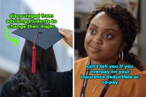 Split image: Left - Graduating student with cap, facing away. Right - Woman with expression of concern. Text overlays with student/insurance issues