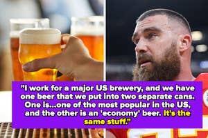 Man with a beard looking at two glasses of beer with quote about a brewery's beer practices