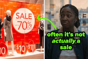 Image with two frames. Left: Sale signs in a store window display. Right: A skeptical woman raising an eyebrow