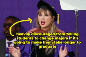 Person in graduation attire speaking into a microphone, with text about changing majors and graduation time
