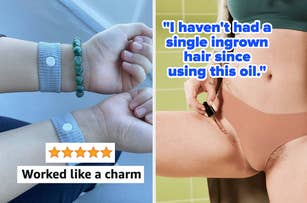 reviewer wearing sea band anti-nausea bands and model applying oil to hair on inner thigh