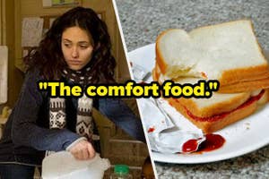 Split image; left: woman in casual wear looking in a bag, right: sandwich with a bite taken out, caption "The comfort food."
