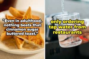 Left: Toast on a plate with text on frugality. Right: Hand holding glass under tap, text promotes water over drinks