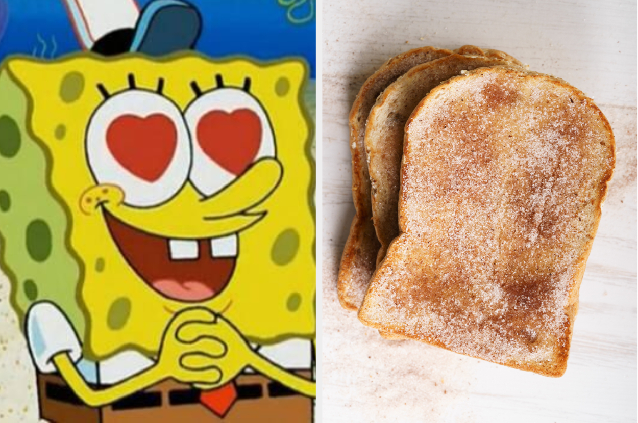 SpongeBob cartoon character with heart eyes on the left; two slices of cinnamon toast on the right