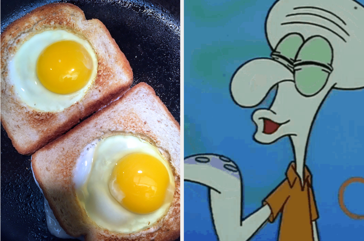 Two images: Left, eggs fried in bread; Right, Squidward from SpongeBob