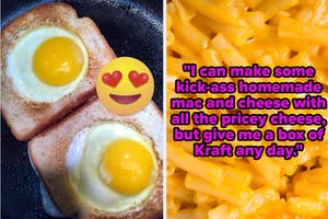 Two sunny-side-up eggs cooked in the center of toast slices, with pasta emoji; text praising homemade vs. boxed mac and cheese