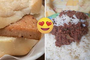 Two traditional dishes: one with fish in bread, the other white rice with a meat sauce, split by a heart-eyed emoji