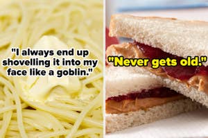 Side-by-side images of spaghetti and a peanut butter jelly sandwich with humorous quotes about eating them