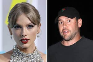 Split image of Taylor Swift with elegant makeup and shiny accessories, and a man in a black cap