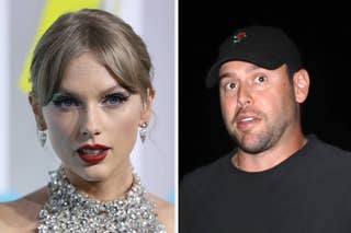 Two separate portraits of a smiling man in a grey suit and Taylor Swift wearing a bejeweled choker