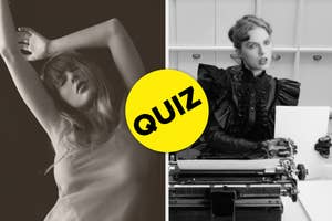 Side-by-side images; left shows Taylor Swift with arms raised, right is Swift by a typewriter with "QUIZ" overlay