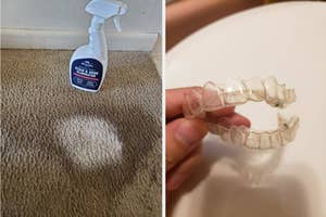 Cleaning spray bottle beside a stain on carpet; a clear dental retainer held above a plate