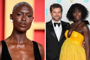 Split image: Jodie Turner-Smith in sleeveless dress, and Joshua Jackson with Turner-Smith in a yellow sequined gown