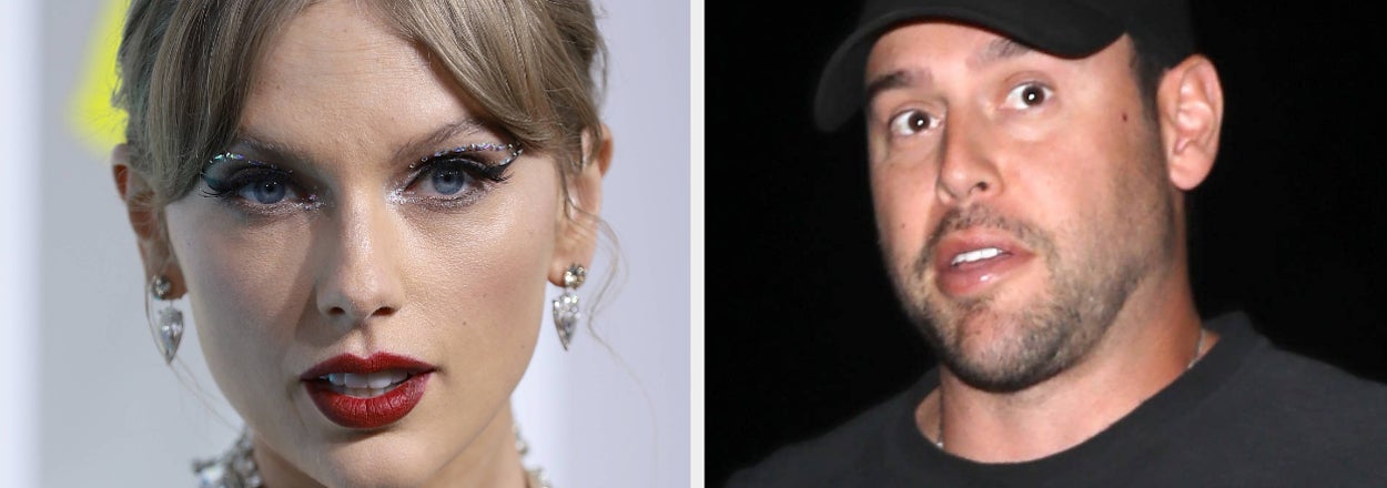 Split image of Taylor Swift with elegant makeup and shiny accessories, and a man in a black cap