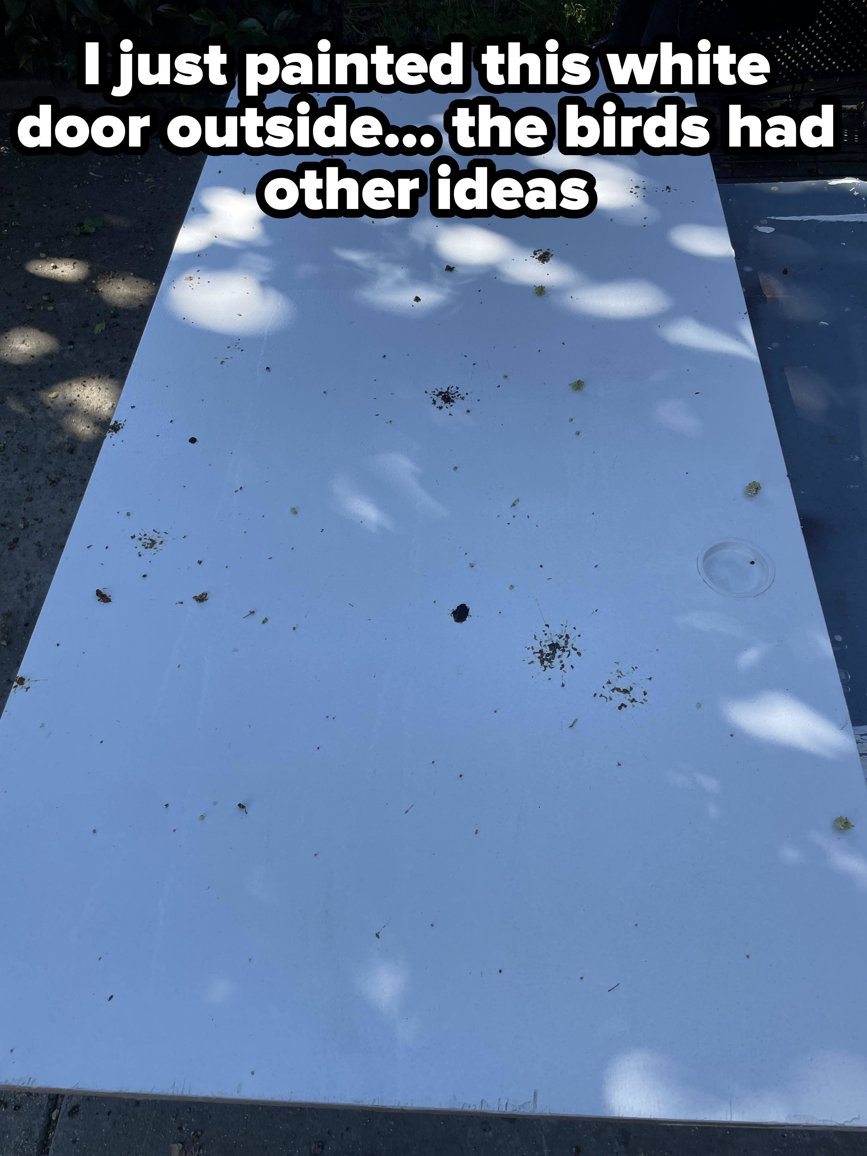 A white outdoor table with leaf shadows and small debris scattered on the surface