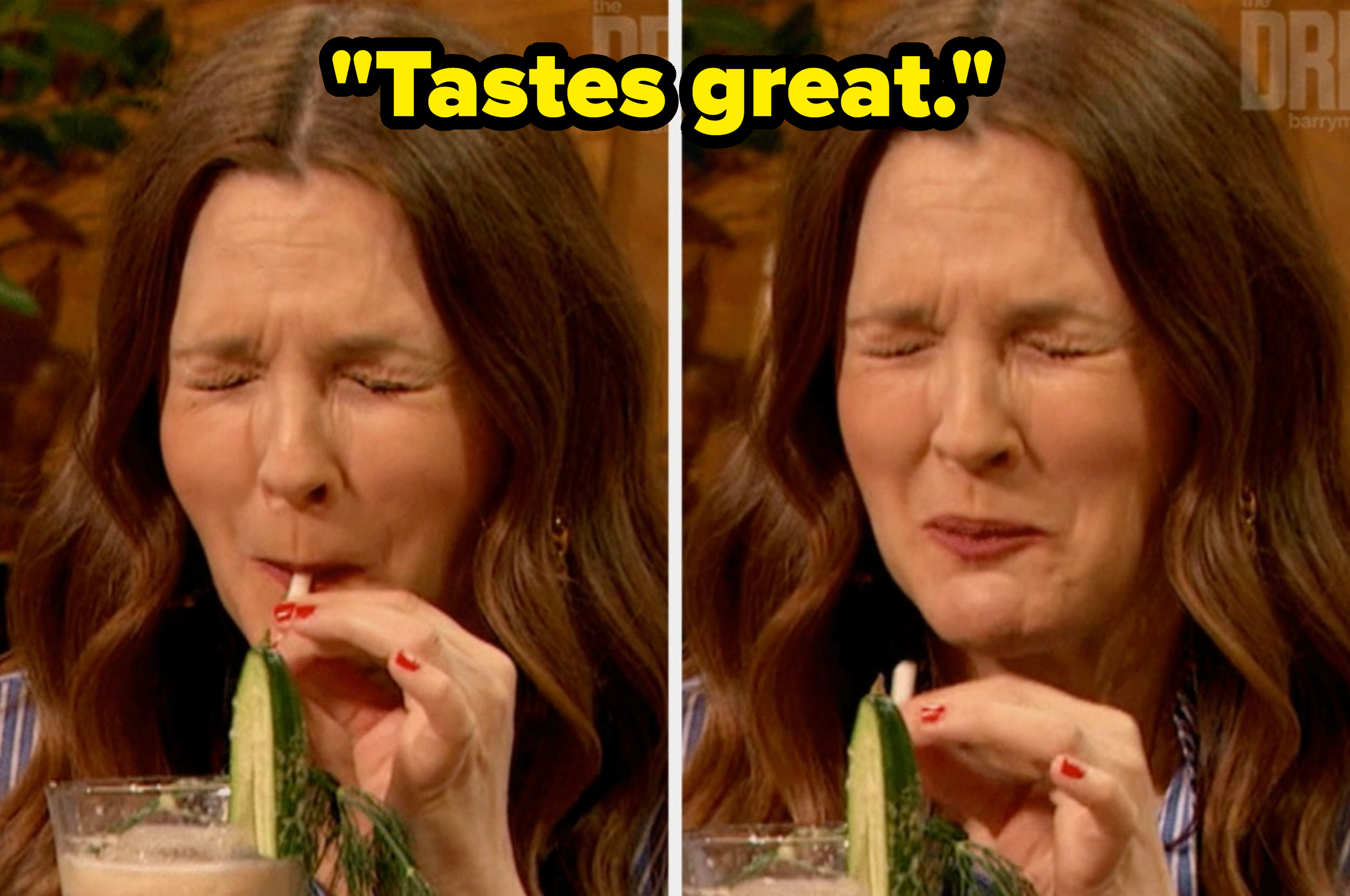 Split image of a woman tasting something with a displeased expression. She&#x27;s on a set resembling a talk show