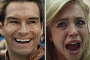 Two characters, Homelander and Starlight from "The Boys," showing contrasting emotions of smiling and distress