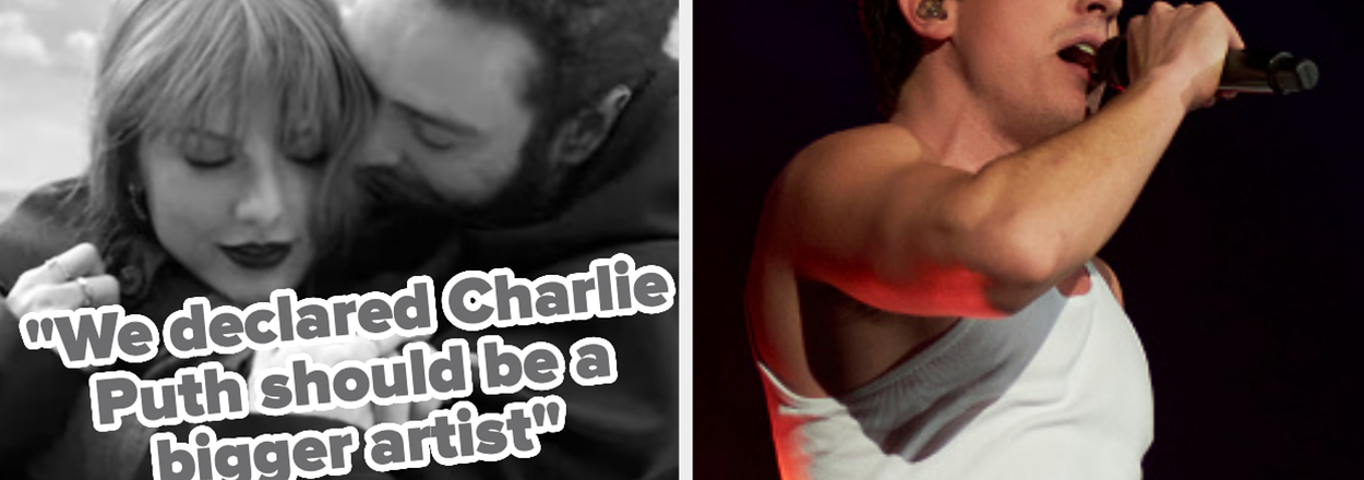 Split image; left shows a man and woman embracing, right shows Charlie Puth singing on stage with a microphone. Text overlay: "We declared Charlie Puth should be a bigger artist"