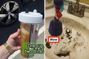 reviewer holding cup with two separate drink compartments and reviewer sink after unclogging drain, gunk everywhere