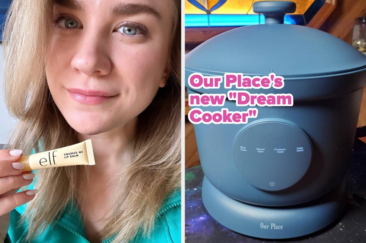 reviewer holding an elf lip balm; Our Place's Dream Cooker