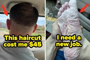 Left: Person with a fresh haircut viewed from behind. Right: Hand covered in wrinkles from water exposure. Text on both images
