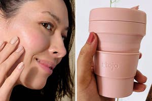 model showcases cheek highlight; collapsible Stojo cup