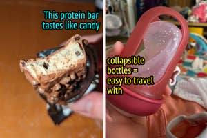 reviewer's bitten protein bar and reviewer feeding their baby with collapsible bottle