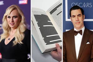 Three separate images: left shows a blonde woman at an event, middle is a hand holding an open book with piano sheet music, right is a man in a bow tie at the Oscars