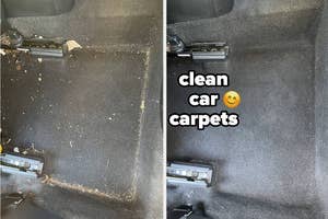 Before and after comparison of a car's carpet cleaning, showing a dirty carpet and a clean one with text "clean car carpets"