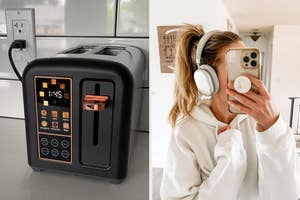 toaster and model wearing over the ear headphones