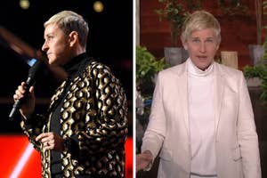Ellen DeGeneres in a patterned blazer and Ellen in a white suit, both posing