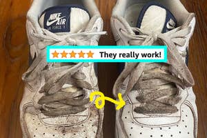 reviewer's dirty sneakers before and after using sneakerasers