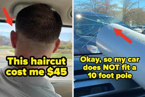 Left: Back view of a person's freshly cut hair. Right: Car's shattered windshield with humorous text about a pole