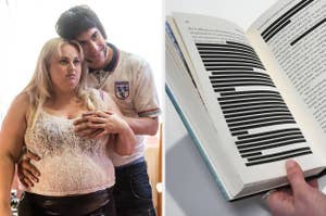 Two images side-by-side: Left shows a couple embracing; right is an open book with piano keys design on pages.
