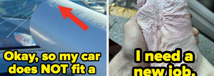 Split image: Left shows a cracked car windshield with text; right shows hands covered in a slimy substance with humorous text