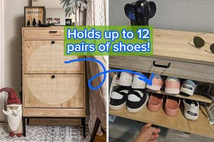 (left) shoe cabinet (right) drawer open, showing how there's shoe storage inside