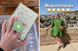Person holding a phone case next to a person in a green dress wearing Birkenstocks