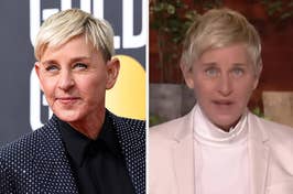 Split image of Ellen DeGeneres at an event wearing a dotted suit and on her show in a white outfit