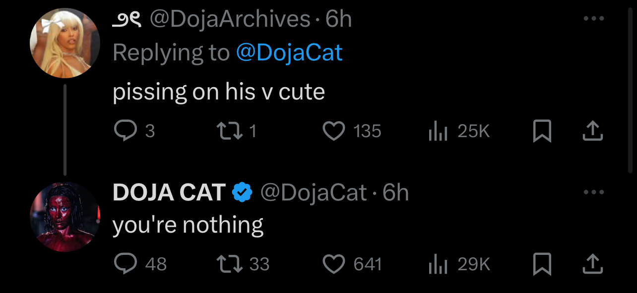 Exchange between Doja Cat and a user, containing strong language, as part of a public conversation on social media