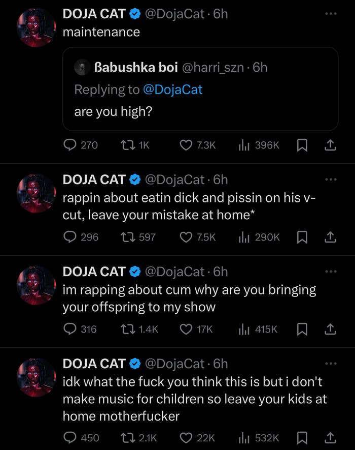 Four tweets in a thread discussing music. The tweets are from Doja Cat