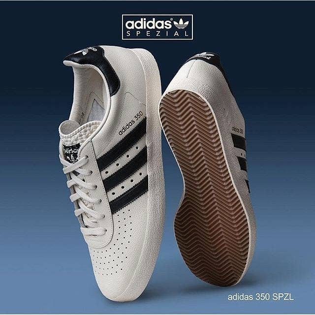 Adidas Spezial sneakers ad featuring the classic 350 SPZL model with stripe details and gum sole