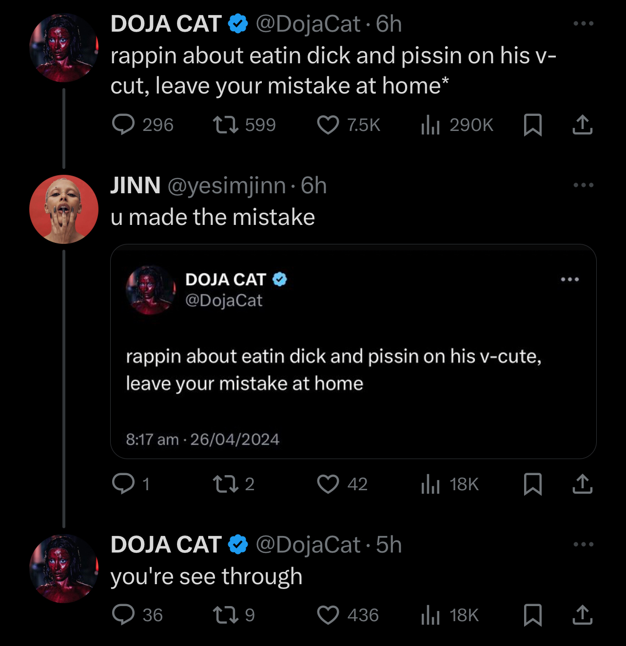 A series of tweets by Doja Cat with text expressing displeasure