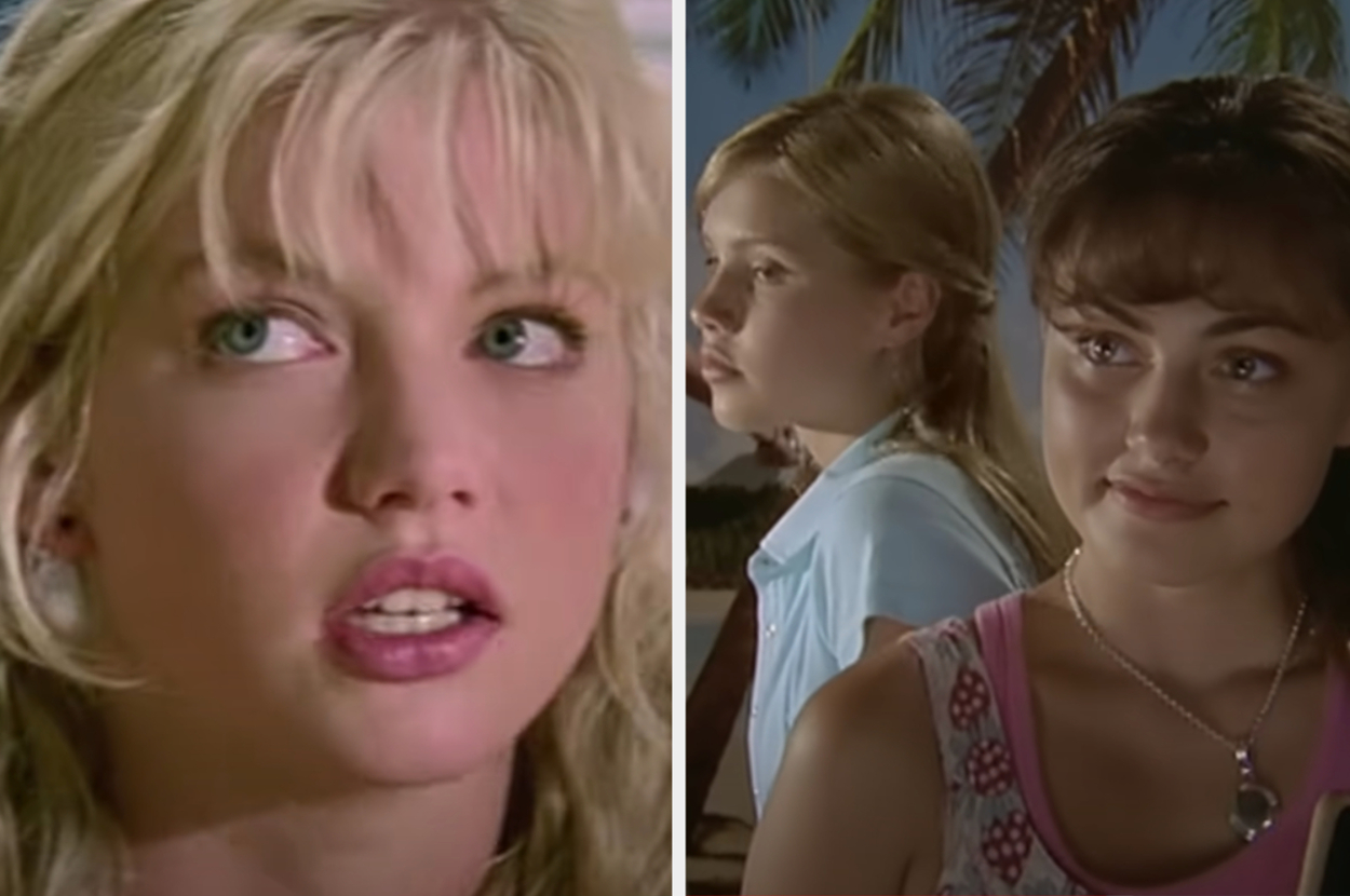 Side-by-side shot of characters from movie: left, young blonde woman; right, girl and brunette teen in casual tops