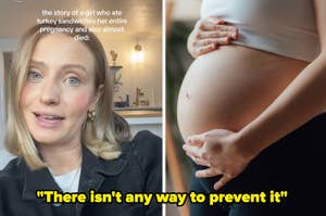 Split image: Left shows woman speaking, right focuses on a pregnant belly held by two hands, with an overlaid quote